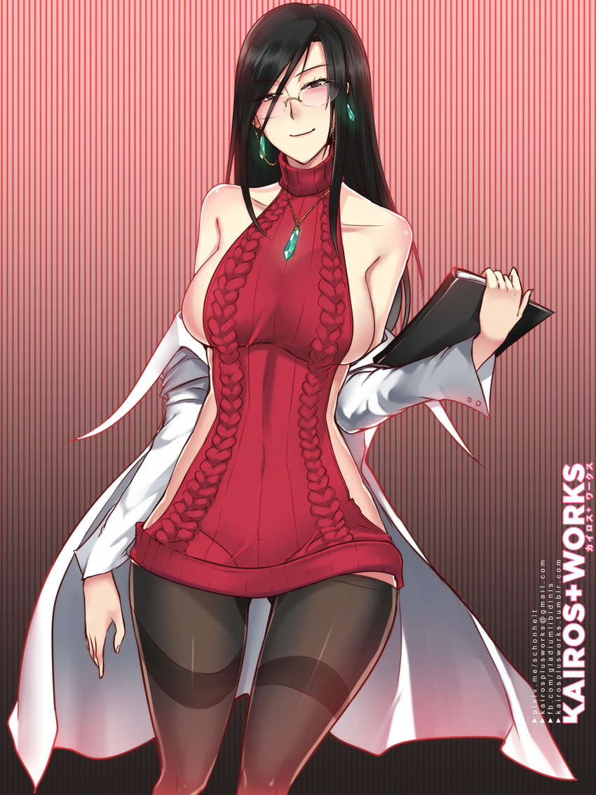 absurdres adapted_costume ass_visible_through_thighs backless_dress backless_outfit bare_arms bare_back bare_shoulders black_eyes black_hair black_legwear blush breasts closed_mouth collarbone covered_navel cowboy_shot dress earrings glasses heart heart-shaped_pupils highres jewelry justice_gakuen kairos+ labcoat large_breasts long_hair meme_attire minazuki_kyouko no_bra no_panties off_shoulder pantyhose pendant rimless_eyewear sideboob sleeveless sleeveless_turtleneck smile solo sweater sweater_dress symbol-shaped_pupils thighband_pantyhose turtleneck turtleneck_sweater virgin_killer_sweater