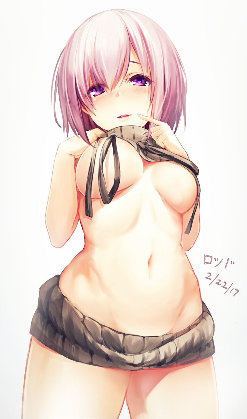 backless_dress backless_outfit bangs bare_shoulders black_dress black_sweater blush breasts cowboy_shot dated drawstring dress eyes_visible_through_hair fate/grand_order fate_(series) finger_to_mouth groin halterneck hand_on_own_chest highres index_finger_raised large_breasts legs_apart looking_at_viewer mash_kyrielight meme_attire midriff naked_sweater navel no_bra parted_lips purple_eyes purple_hair ribbed_sweater rods short_hair signature simple_background sleeveless sleeveless_turtleneck solo stomach sweater sweater_dress turtleneck turtleneck_sweater virgin_killer_sweater wardrobe_error white_background