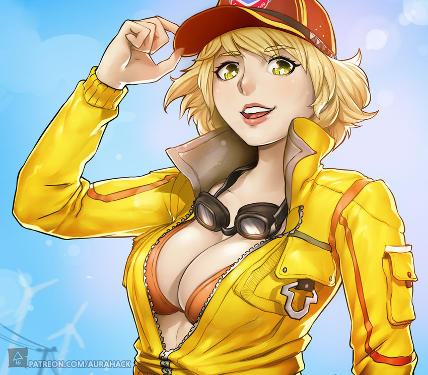 bikini_top blonde_hair breasts cidney_aurum cleavage erica_june_lahaie final_fantasy final_fantasy_xv goggles goggles_around_neck hat hat_tip jacket large_breasts lens_flare lips open_mouth partially_unzipped signature smile solo telephone_pole upper_body watermark web_address yellow_eyes