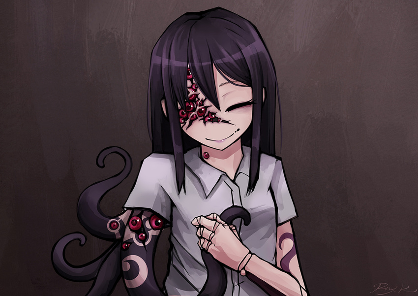 ageha_(ray-k) artist_name black_hair extra_eyes hands_together head_tilt long_hair looking_at_viewer monster_girl multiple_pupils one_eye_closed original ray-k red_eyes shirt sidelocks signature smile solo tentacles trypophobia upper_body white_shirt