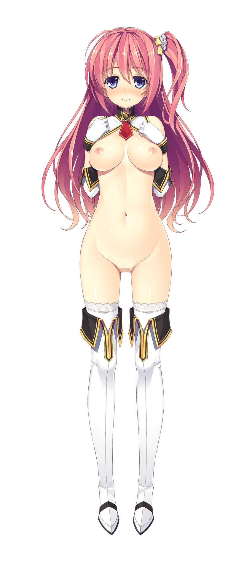 absurdres blush boots breasts censored fujikura_miyabi full_body gloves highres juukishi_cutie_bullet knee_boots lace lace-trimmed_thighhighs long_hair looking_at_viewer medium_breasts mosaic_censoring navel nipples nose_blush official_art one_side_up pink_hair pussy smile solo thigh_boots thighhighs transparent_background white_footwear white_legwear yuuki_hagure