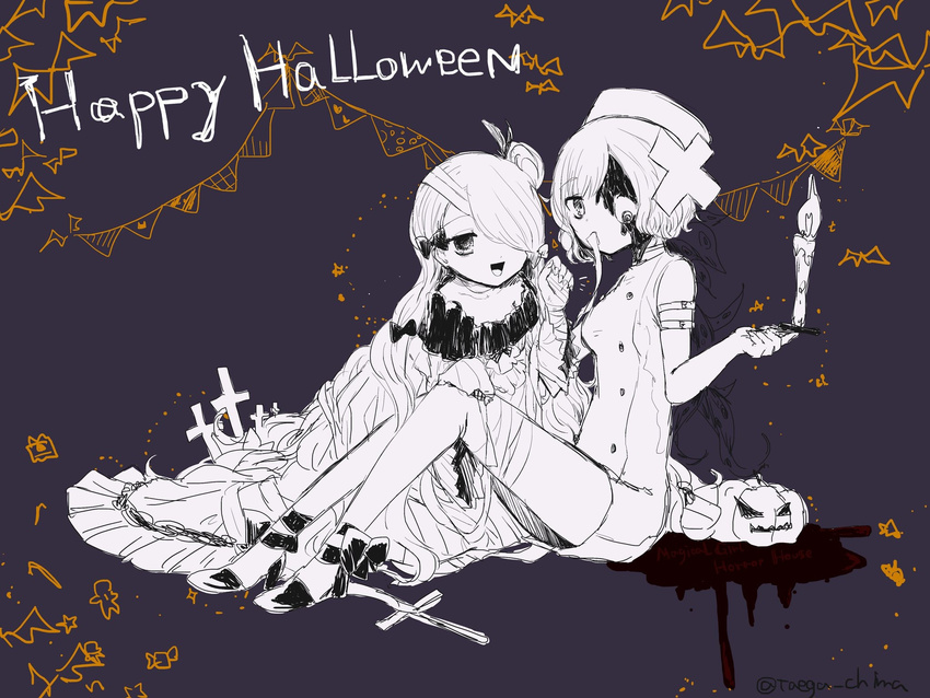 2girls alternate_costume bandage bandage_over_one_eye candle cross halloween halloween_costume hat highres long_hair looking_at_viewer mahou_shoujo_ikusei_keikaku monochrome multiple_girls nurse_cap pfle shadowgale short_hair sitting smile taega_chima