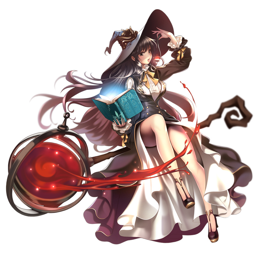 alchemy arm_up black_dress black_hair blouse blurry book breasts broom broom_riding depth_of_field double-breasted dress frilled_shirt_collar frilled_sleeves frills glowing hat high_heels highres holding holding_book knee_up ladle large_breasts long_dress long_hair miyaza open_book open_mouth original sidesaddle simple_background sitting solo staff teeth thighs tongue very_long_hair white_background white_blouse witch witch_hat