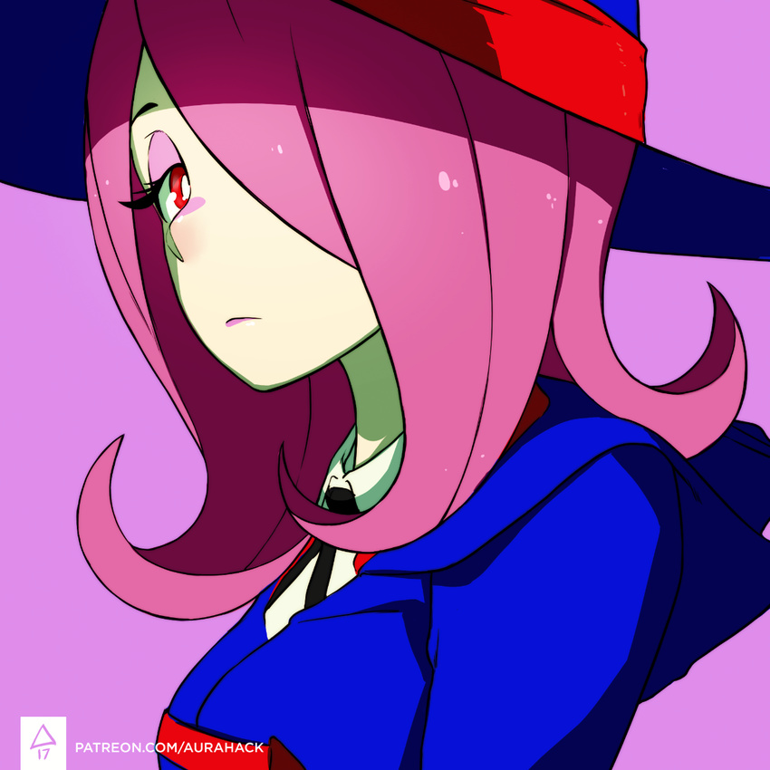 closed_mouth erica_june_lahaie expressionless hair_over_one_eye hat highres little_witch_academia makeup pale_skin pink_background pink_hair red_eyes signature solo sucy_manbavaran upper_body watermark web_address witch_hat