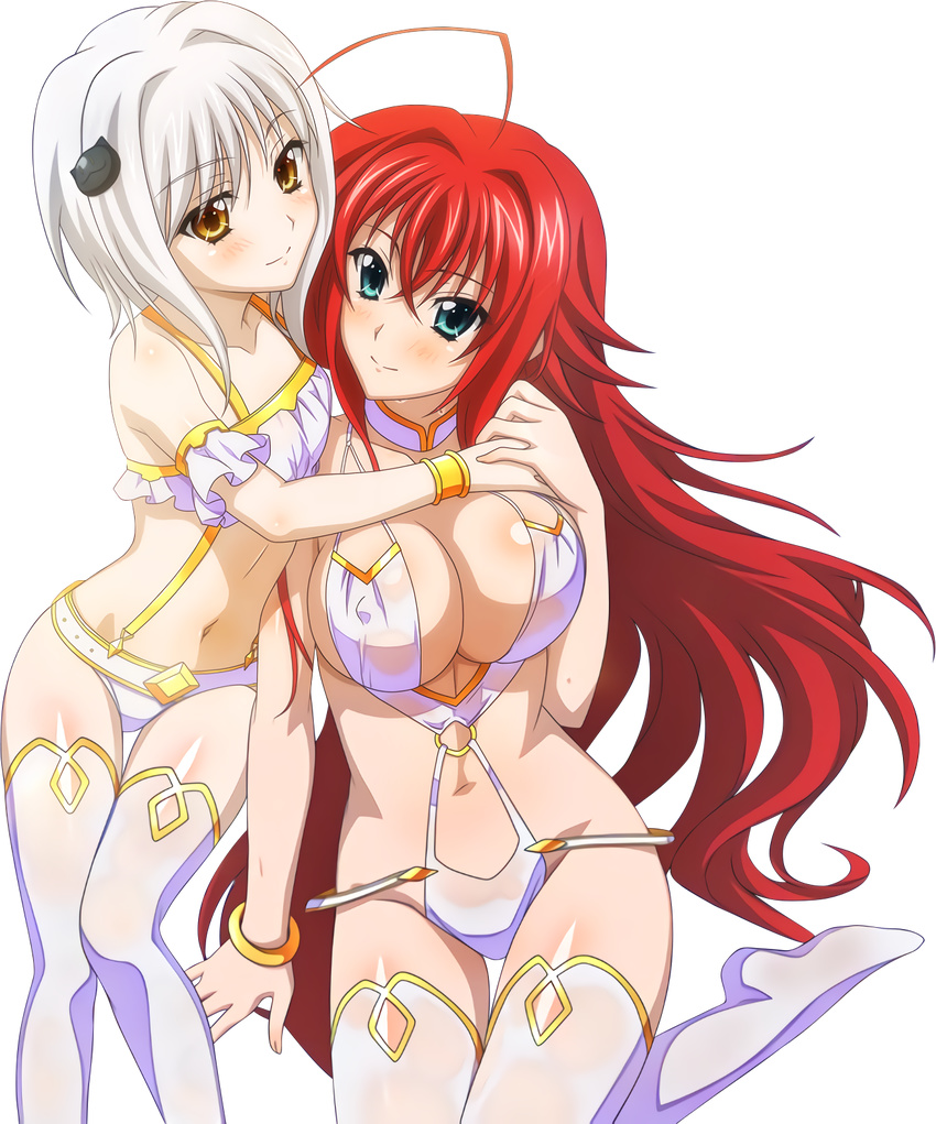 ahoge aqua_eyes artist_request bracelet breasts cat_hair_ornament cleavage collarbone covered_nipples extraction eyebrows_visible_through_hair flat_chest groin hair_between_eyes hair_ornament high_school_dxd highres holding_hands jewelry large_breasts long_hair multiple_girls navel panties red_hair rias_gremory shiny shiny_skin short_hair silver_hair sitting smile suspenders thighhighs toujou_koneko transparent_background underwear very_long_hair wet wet_hair white_legwear white_panties yellow_eyes