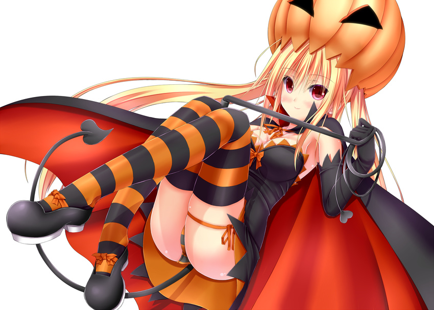 armpits ass black_dress black_gloves blonde_hair breasts cleavage demon_tail dress elbow_gloves eyebrows_visible_through_hair floating_hair full_body gloves halloween hat highres holding long_hair looking_at_viewer medium_breasts orange_hat orange_ribbon original pumpkin_hat red_eyes ribbon shiny shiny_skin shouyan simple_background sleeveless sleeveless_dress smile solo strapless strapless_dress striped striped_legwear tail thigh_ribbon thighhighs twintails very_long_hair white_background