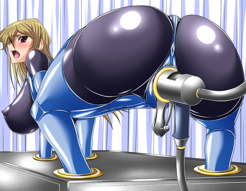 1girl ass blonde_hair blush breasts dildo female game_cg hajime_shindo huge_ass huge_breasts latex latex_suit latex_thighhighs leotard long_hair looking_at_viewer looking_back nipples no_bra purple_eyes sex_toy shiny shiny_clothes sweat tenjouin_asuka vaginal yu-gi-oh! yuu-gi-ou_gx