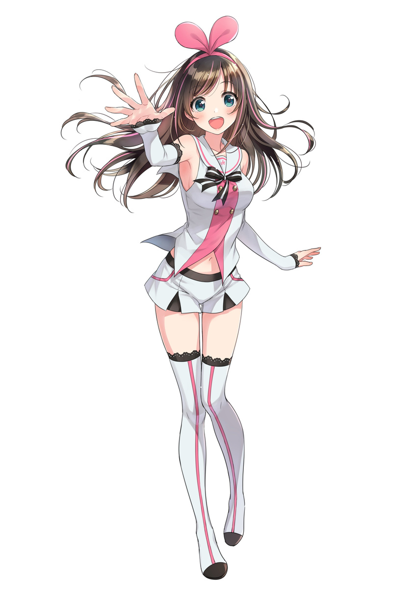 :d a.i._channel absurdres arm_up arm_warmers armpits bangs bare_shoulders black_ribbon blue_eyes blush boots bow breasts brown_hair collarbone commentary_request eyebrows_visible_through_hair floating_hair foreshortening full_body hair_bow hairband highres jpeg_artifacts kizuna_ai lace lace-trimmed_thighhighs long_hair looking_at_viewer medium_breasts morikura_en navel official_art open_mouth outstretched_arm outstretched_hand pigeon-toed pink_bow pink_hairband ribbon sailor_collar short_shorts shorts sideboob simple_background smile solo standing striped striped_legwear striped_ribbon swept_bangs tareme teeth thigh_boots thighhighs vest virtual_youtuber white_background white_footwear white_legwear white_ribbon white_shorts white_vest