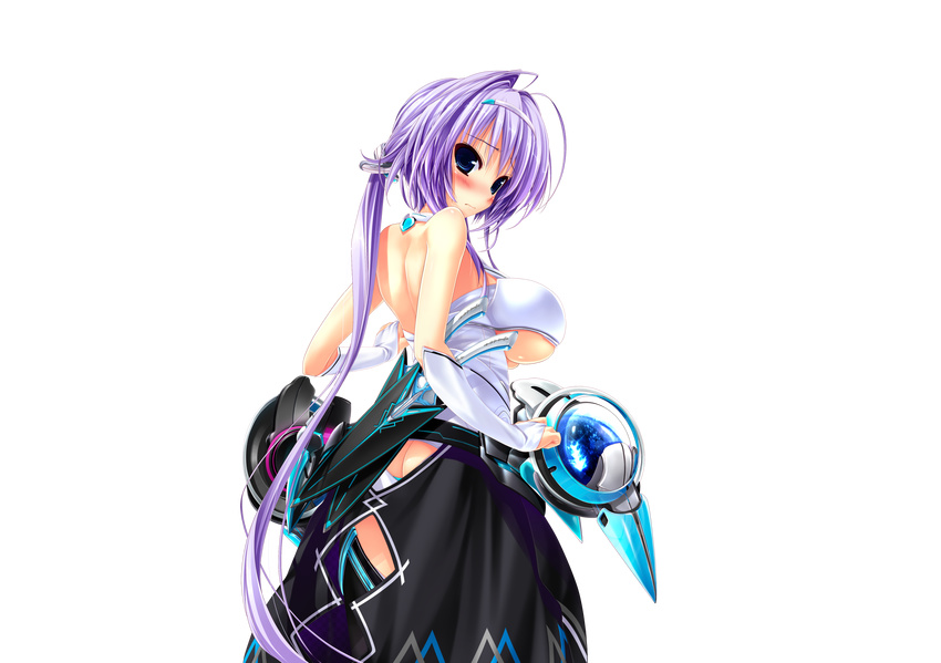 ass ass_cutout bare_back blue_eyes blush breasts bridal_gauntlets butt_crack highres hoshizaki_ouka large_breasts long_hair looking_at_viewer official_art oshiki_hitoshi ponytail purple_hair sakigake_generation! solo transparent_background underboob very_long_hair