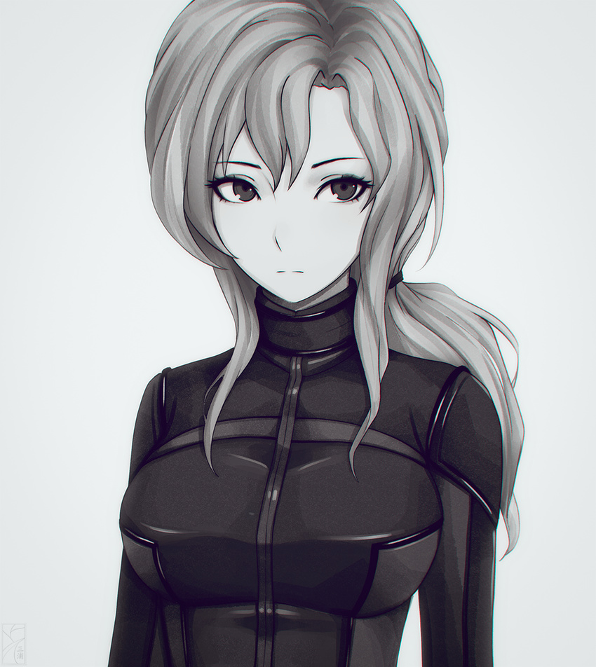 arms_at_sides bodysuit breasts closed_mouth commentary expressionless grey_background greyscale highres kiryuu_moeka large_breasts long_hair looking_at_viewer miura-n315 monochrome no_eyewear ponytail shiny shiny_clothes sidelocks simple_background skin_tight solo steins;gate turtleneck