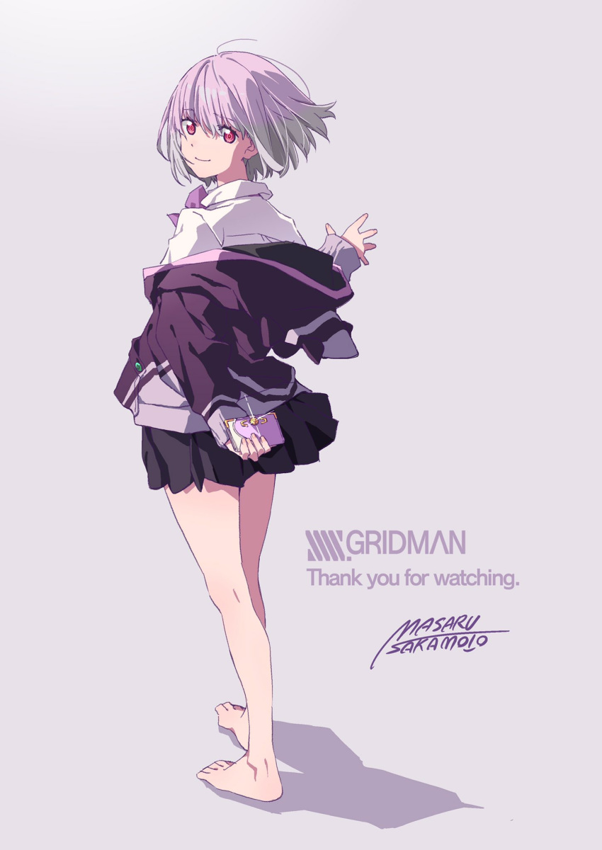 1girl arm_behind_back barefoot black_skirt bow collared_shirt commentary_request eyebrows_visible_through_hair feet from_behind highres jacket lavender_hair legs long_sleeves looking_back multicolored_hair off_shoulder pleated_skirt purple_bow purple_jacket purple_neckwear red_eyes sakamoto_masaru shinjou_akane shirt short_hair silver_hair skirt sleeves_past_wrists smile ssss.gridman white_shirt