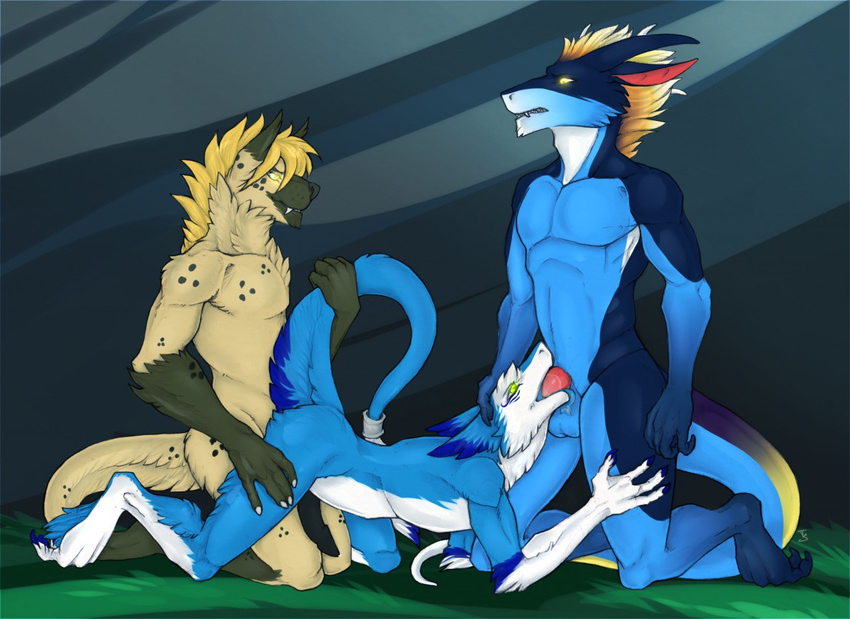 anal anal_penetration anthro anthro_on_anthro balls blonde_hair blue_fur blusky digital_media_(artwork) dragon erection fur hair halley hi_res hyena hypnosis interspecies lying male male/male mammal master/pet mind_control neverneverland nude penetration penis rareel scalie sergal sex tail_ring teryx_commodore tongue