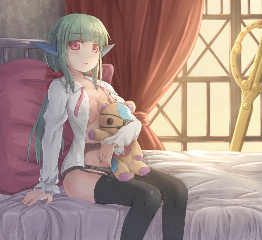 arm_support battle_girl_high_school bed black_panties breasts cleavage hair_ribbon highres hikari_niji large_breasts leotard long_hair looking_at_viewer no_bra no_pants on_bed open_clothes open_shirt panties pillow ribbon robot_ears sadone shirt sitting sitting_on_bed solo stuffed_animal stuffed_toy teddy_bear thighhighs twintails underwear