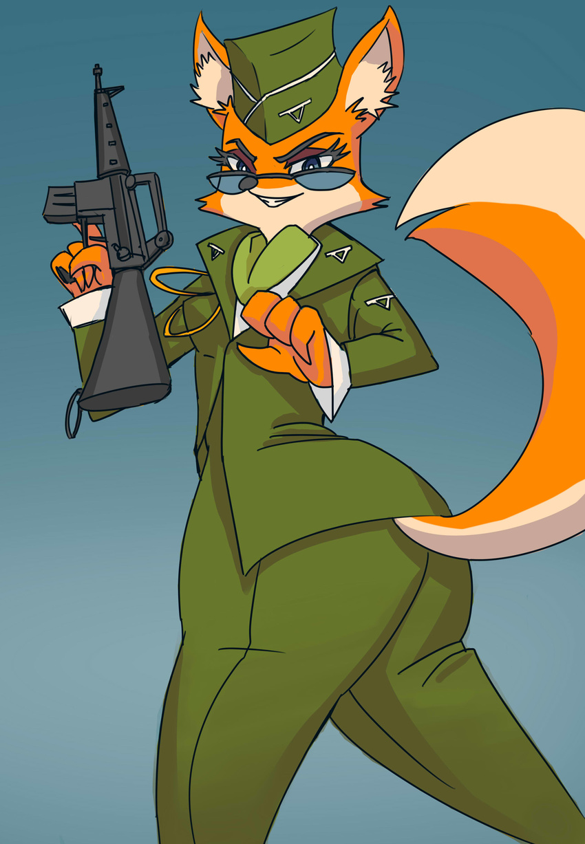 anthro assault_rifle big_butt black_nose breasts butt butt_pose canine clothed clothing cupcakenotvanilla eyebrows eyelashes eyeshadow eyewear female fox fur glasses gun hat lt._fox_vixen m16 makeup mammal military_uniform multicolored_fur orange_fur ranged_weapon rifle simple_background smile solo squirrel_and_hedgehog two_tone_fur uniform weapon white_fur 여우장교