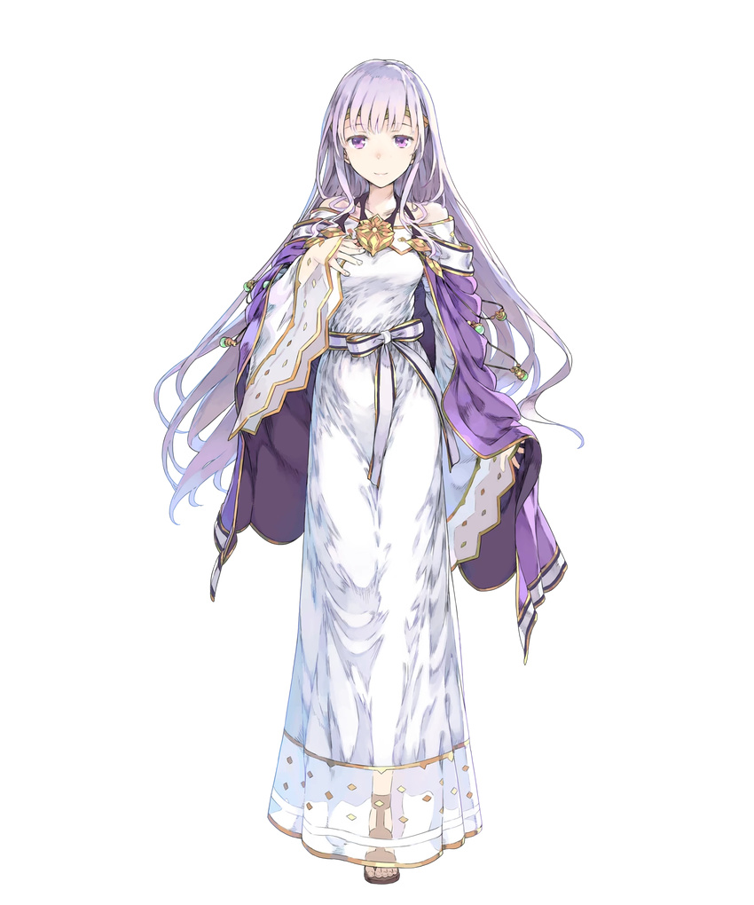 cape detached_sleeves dress fire_emblem fire_emblem:_seisen_no_keifu fire_emblem_heroes full_body haimura_kiyotaka hand_on_own_chest highres long_hair looking_at_viewer official_art purple_eyes purple_hair sandals smile solo standing tiara transparent_background wide_sleeves yuria_(fire_emblem)