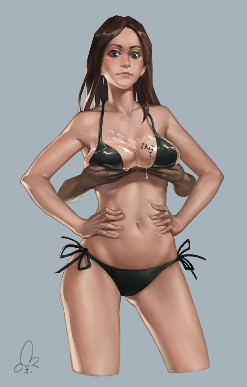 absurdres ass_visible_through_thighs bad_id bad_pixiv_id bikini breast_lift breasts brown_eyes brown_hair chen_zhang collarbone floating_hand grabbing hands_on_hips highres lifted_by_another lips navel side-tie_bikini swimsuit