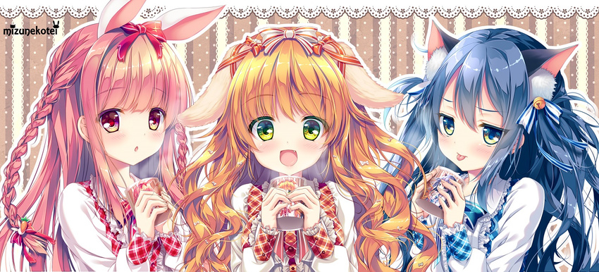:d :o :p animal_ears bangs bell blouse blue_hair blue_ribbon blush bow braid brown_eyes bunny_ears bunny_girl bunny_hair_ornament carrot_hair_ornament cat_ears cat_girl checkered closed_mouth commentary_request cup dog_ears dog_girl eyebrows_visible_through_hair fang food_themed_hair_ornament frills green_eyes hair_between_eyes hair_bow hair_ornament hair_ribbon holding holding_cup jingle_bell jitome lace_background long_hair long_sleeves looking_at_viewer mizuki_yuuma multiple_girls open_mouth orange_ribbon original partial_commentary pink_hair polka_dot polka_dot_background red_ribbon ribbon smile striped striped_background striped_bow striped_ribbon tareme tongue tongue_out tress_ribbon two_side_up upper_body vertical-striped_background vertical_stripes wavy_hair white_blouse white_bow yellow_eyes
