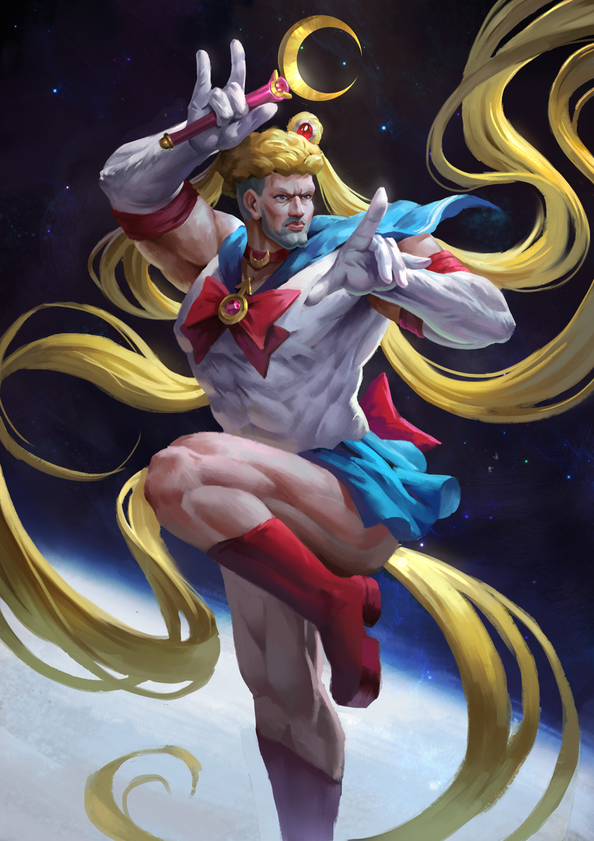 absurdly_long_hair absurdres bishoujo_senshi_sailor_moon blonde_hair blue_eyes blue_sailor_collar boots choker cleft_chin cosplay elbow_gloves facial_hair gloves highres holding holding_wand long_hair male_focus mars_symbol moon_(ornament) moon_stick one-punch_man pointing puri_puri_prisoner red_choker red_footwear sailor_collar sailor_moon sailor_moon_(cosplay) sailor_senshi_uniform sky solo star_(sky) starry_sky stubble twintails very_long_hair wand wenfei_ye white_gloves