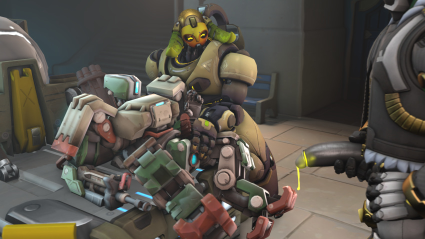 ambiguous_gender anus assisted_sex bastion_(overwatch) blizzard_entertainment bob_(overwatch) cum erection group group_sex half-erect hand_on_hip hi_res horn humanoid humanoid_penis imminent_anal imminent_sex lying machine male omnic on_back orisa_(overwatch) overwatch penis precum presenting presenting_anus robot rtsfm sex threesome video_games voyeur