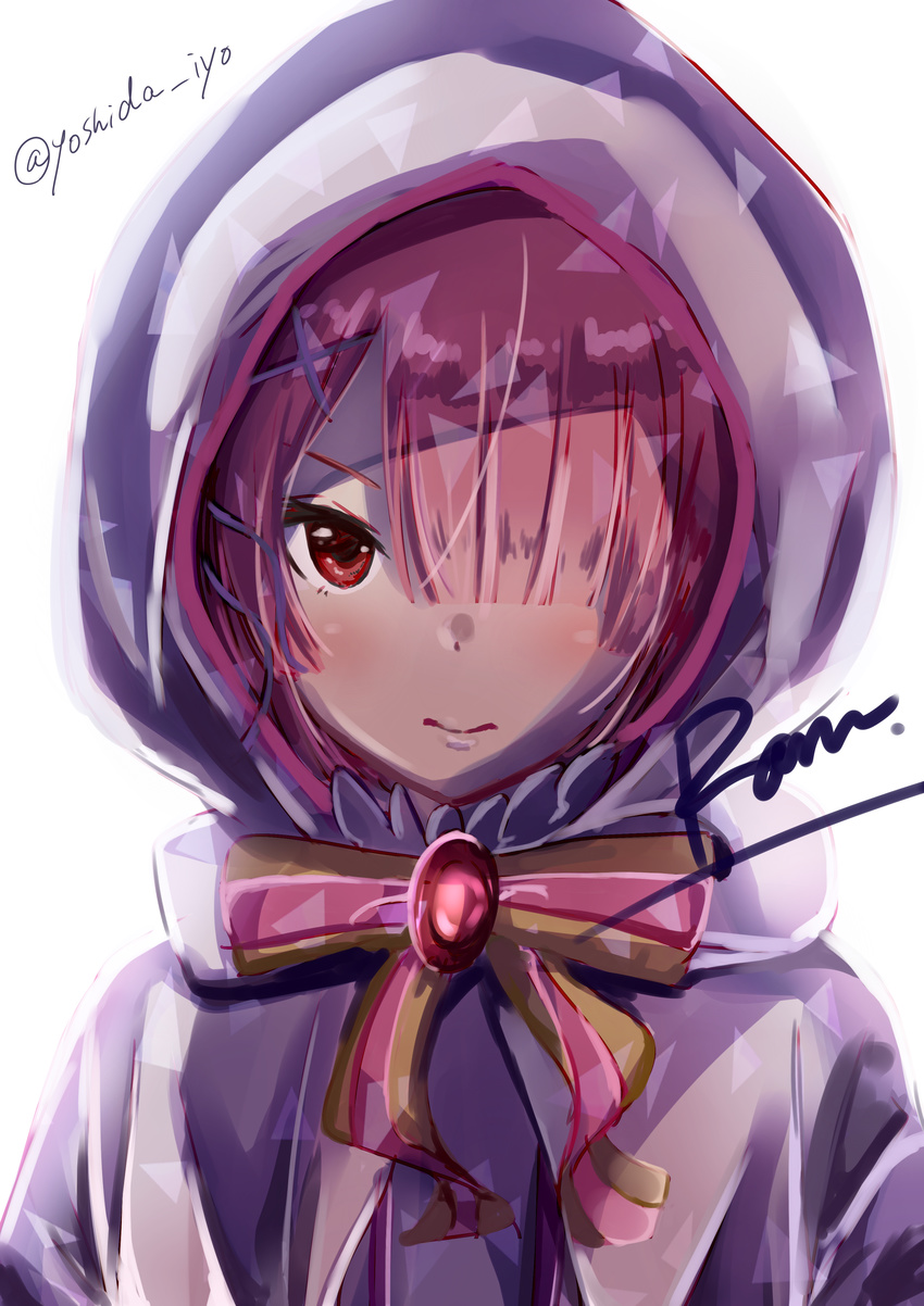 absurdres character_name hair_over_one_eye highres hood looking_at_viewer pink_hair ram_(re:zero) re:zero_kara_hajimeru_isekai_seikatsu red_eyes short_hair signature simple_background solo upper_body white_background yoshida_iyo