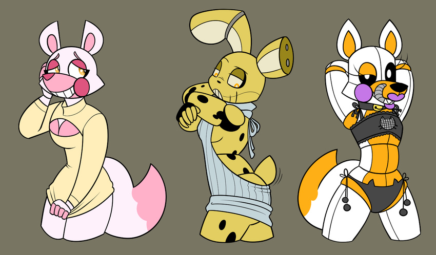 animatronic bedroom_eyes bell breasts butt canine cat_lingerie cleavage clothed clothing collar crossgender embarrassed female five_nights_at_freddy's five_nights_at_freddy's_2 five_nights_at_freddy's_world fox funtime_foxy_(fnaf) group half-closed_eyes keyhole_turtleneck lagomorph lingerie lolbit_(fnaf) looking_at_viewer looking_back machine mammal mangle_(fnaf) mizumew rabbit robot seductive springtrap_(fnaf) sweater video_games virgin_killer_sweater