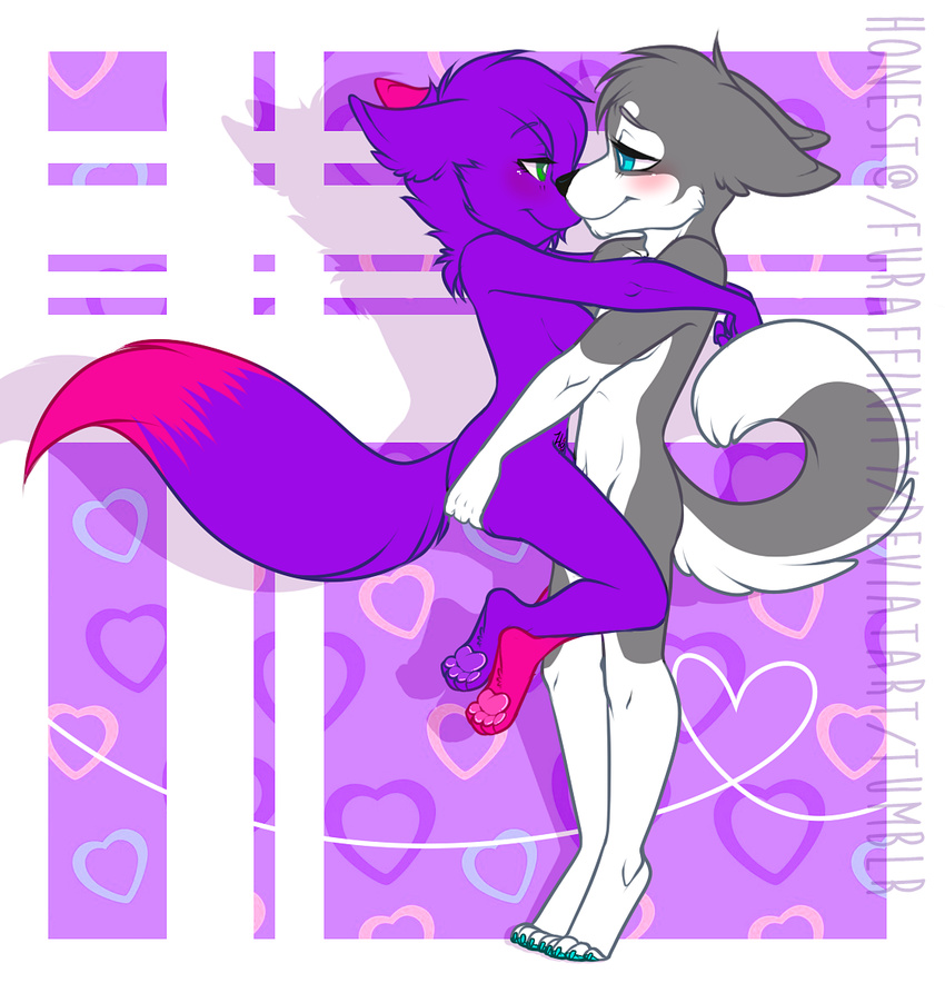 anthro blush canine chibi duo female honesty_(artist) hug male male/female mammal nude smile standing