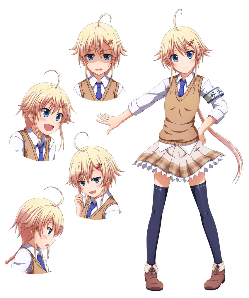ahoge antenna_hair bad_id bad_pixiv_id bangs blonde_hair blue_eyes character_sheet commentary_request expressions frills full_body hair_ornament hairclip hand_on_hip highres jitome looking_at_viewer multiple_views necktie open_mouth original pleated_skirt school_uniform shira-nyoro shoes simple_background skirt smile standing thighhighs vest white_background