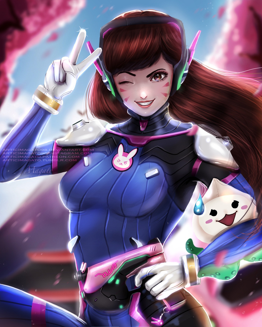 absurdres animal_print backlighting bangs blue_sky bodysuit bracer breasts brown_eyes brown_hair bunny_print cherry_blossoms d.va_(overwatch) day facepaint facial_mark finger_on_trigger glint gloves grin gun handgun headphones high_collar highres holding holding_gun holding_weapon leg_up long_hair looking_at_viewer magato98 medium_breasts one_eye_closed outdoors overwatch pachimari petals pilot_suit pink_lips pistol ribbed_bodysuit shoulder_pads skin_tight sky smile solo stuffed_animal stuffed_octopus stuffed_toy sweatdrop swept_bangs upper_body v watermark weapon web_address whisker_markings white_gloves