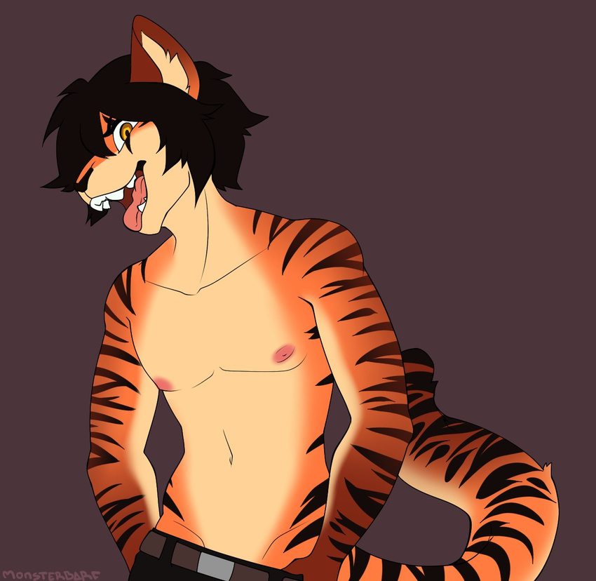 anthro clothed clothing feline looking_at_viewer male mammal nipples puccaruu smile solo tiger tongue tongue_out topless