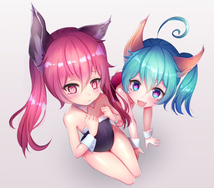2girls :d ahoge al_bhed_eyes animal_ears ass bangs bare_shoulders black_leotard blue_eyes blush closed_mouth covered_navel detached_collar dog_ears dress elin_(tera) enepuni eyebrows_visible_through_hair fang flat_chest full_body fur-trimmed_leotard green_eyes green_hair grey_background hair_between_eyes hands_on_floor hands_up legs_together leotard long_hair looking_at_viewer multiple_girls open_mouth playboy_bunny_leotard red_hair red_leotard seiza short_hair side_ponytail sitting smile strapless strapless_leotard symbol-shaped_pupils tera_online twintails wrist_cuffs
