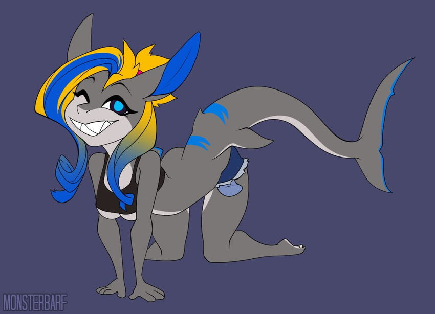 all_fours anthro breasts clothed clothing female fish hair looking_at_viewer marine puccaruu shark smile solo under_boob