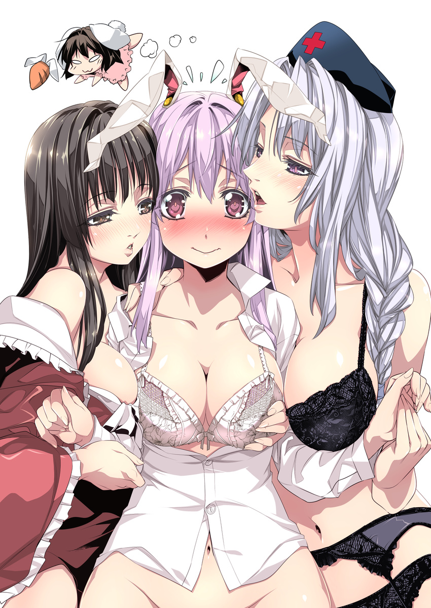 absurdres animal_ears bad_revision bangs black_bra black_eyes black_hair black_panties blush bra braid breast_grab breasts bunny_ears buttons carrot chibi chibi_inset closed_mouth collarbone collared_shirt dress flying_sweatdrops garter_belt girl_sandwich grabbing hat highres holding_hands houraisan_kaguya ichikawa_ryuunosuke inaba_tewi lace lace-trimmed_bra large_breasts long_hair md5_mismatch multiple_girls navel no_panties nurse_cap open_mouth out-of-frame_censoring panties pink_dress purple_eyes purple_hair red_eyes reisen_udongein_inaba sandwiched shiny shiny_hair shirt simple_background single_braid teeth touhou underwear undressing upper_body very_long_hair white_background white_bra white_hair white_shirt wing_collar yagokoro_eirin yuri