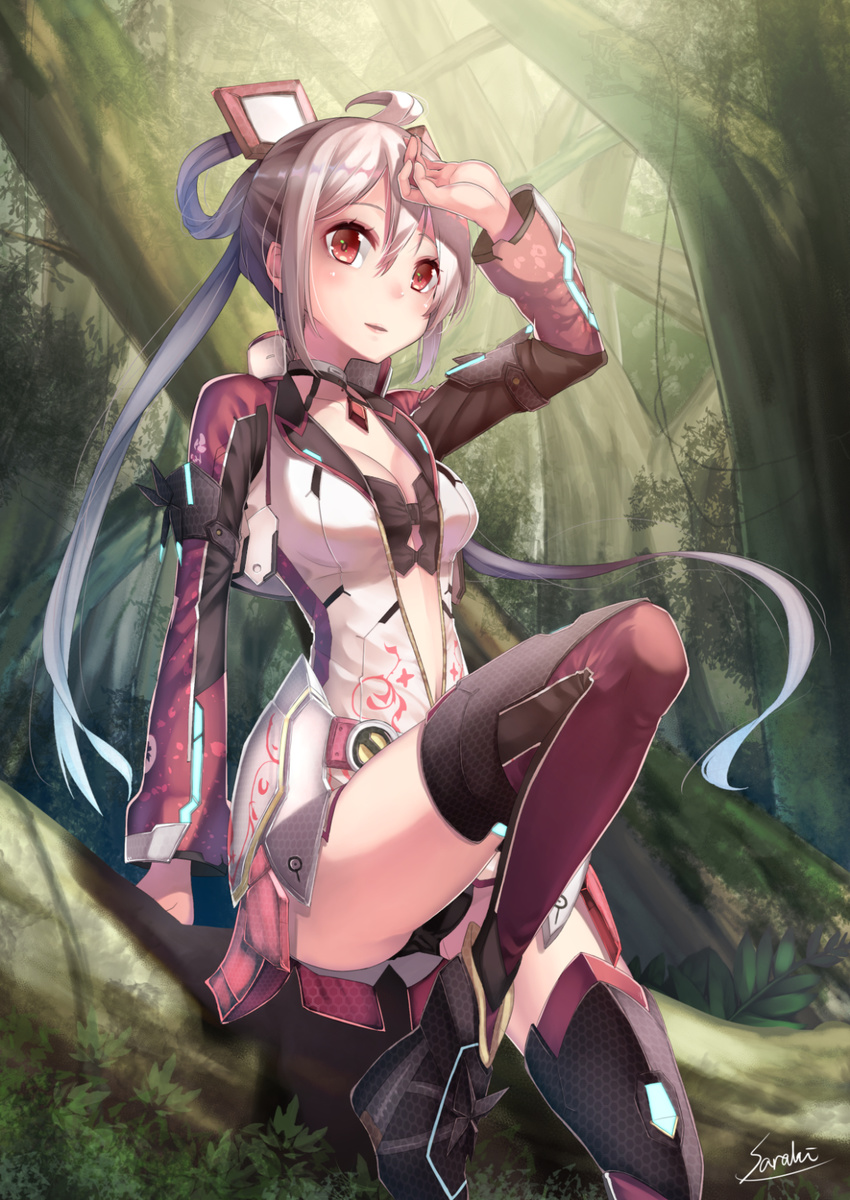 ahoge bad_id bad_pixiv_id bare_shoulders breasts hair_between_eyes hair_ornament hair_rings hairband highres in_tree innocent_cluster jacket long_hair long_sleeves looking_at_viewer matoi_(pso2) medium_breasts open_clothes open_jacket outdoors phantasy_star phantasy_star_online_2 red_eyes saraki silver_hair sitting sitting_in_tree solo thighhighs thighs tree twintails