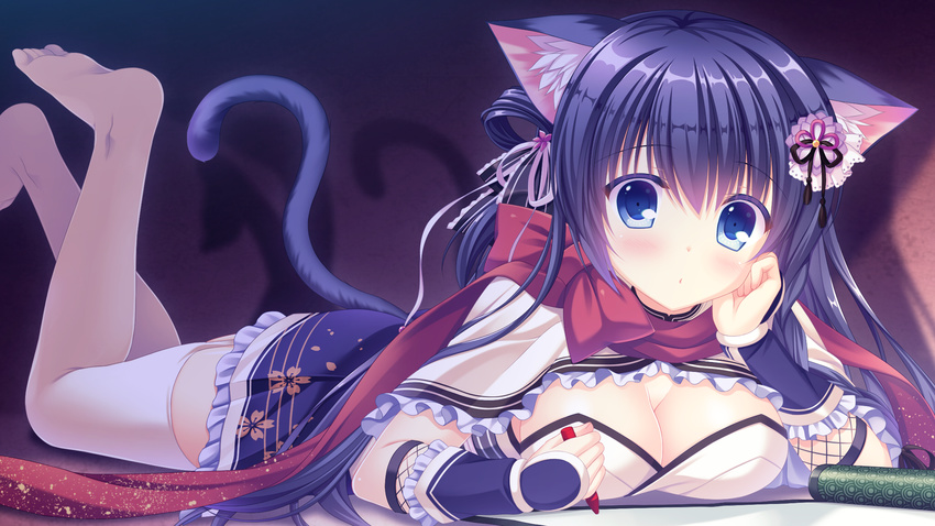 animal_ears arm_guards barefoot blue_eyes blush bow breast_press breasts cat_ears cleavage_cutout crayon eyebrows_visible_through_hair feet feet_up floral_print frills fuuma_tama game_cg garter_straps hair_ornament hairpin hand_on_own_cheek highres holding legs_up long_hair looking_at_viewer lying medium_breasts neko-nin_exheart on_stomach purple_hair red_bow red_scarf scarf scroll shadow shiny shiny_hair shiny_skin solo takano_yuki_(allegro_mistic) tareme tassel the_pose thighhighs white_legwear