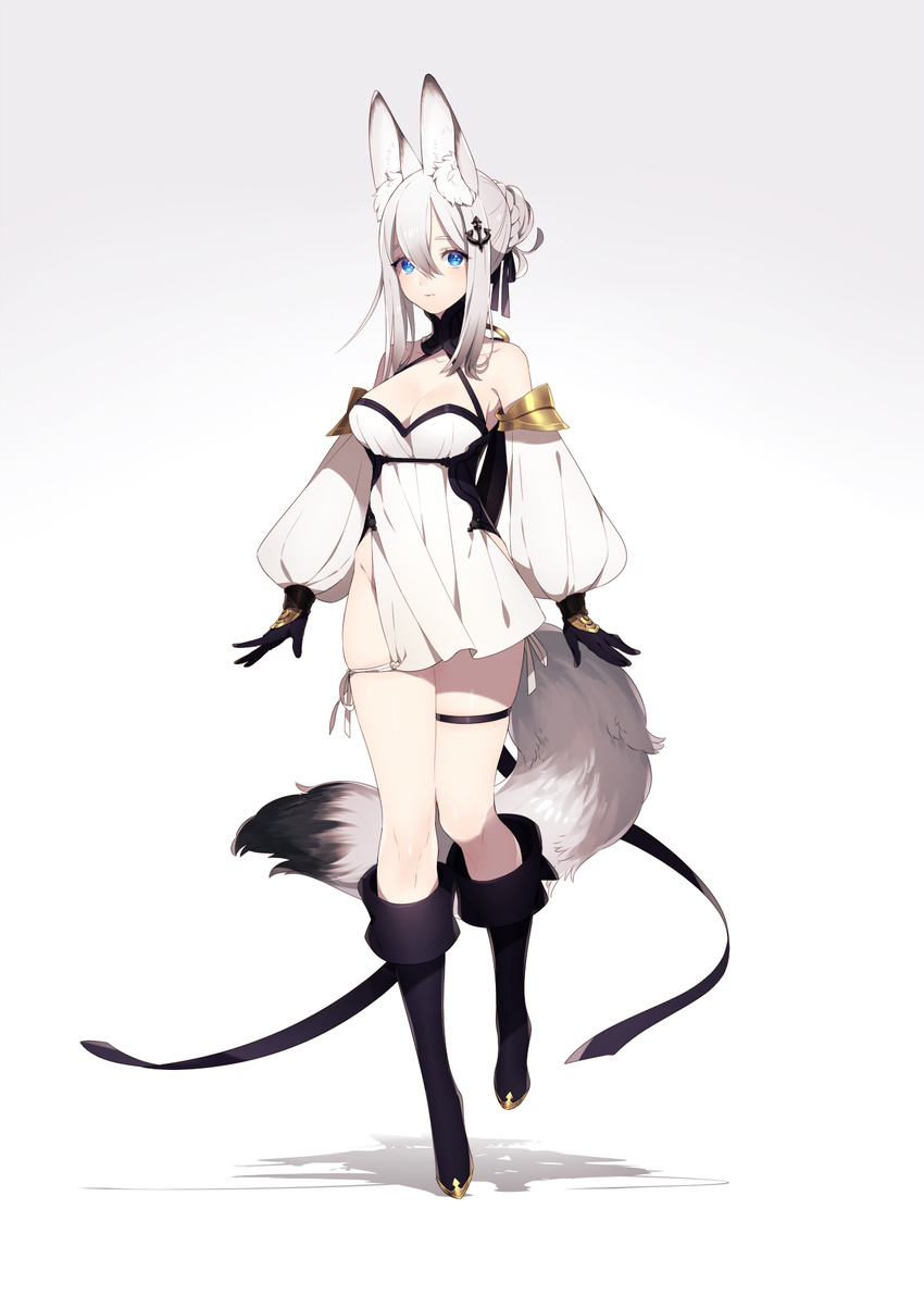 anchor_hair_ornament animal_ears arms_at_sides bangs black_footwear black_gloves blue_eyes boots braid breasts cleavage closed_mouth commentary_request detached_sleeves dress full_body gloves hair_between_eyes hair_bun hair_ornament halterneck highres knee_boots large_breasts looking_at_viewer ni02_(asahi_nini) no_panties original pelvic_curtain shadow short_dress sidelocks simple_background solo tail thigh_strap thighs white_background white_dress white_hair
