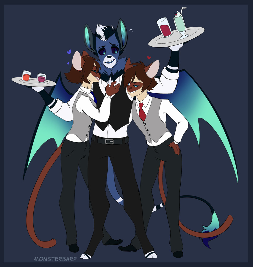 &lt;3 anthro arno bat celio clothed clothing feline fur group hair hug male mammal puccaruu smile standing waiter wings