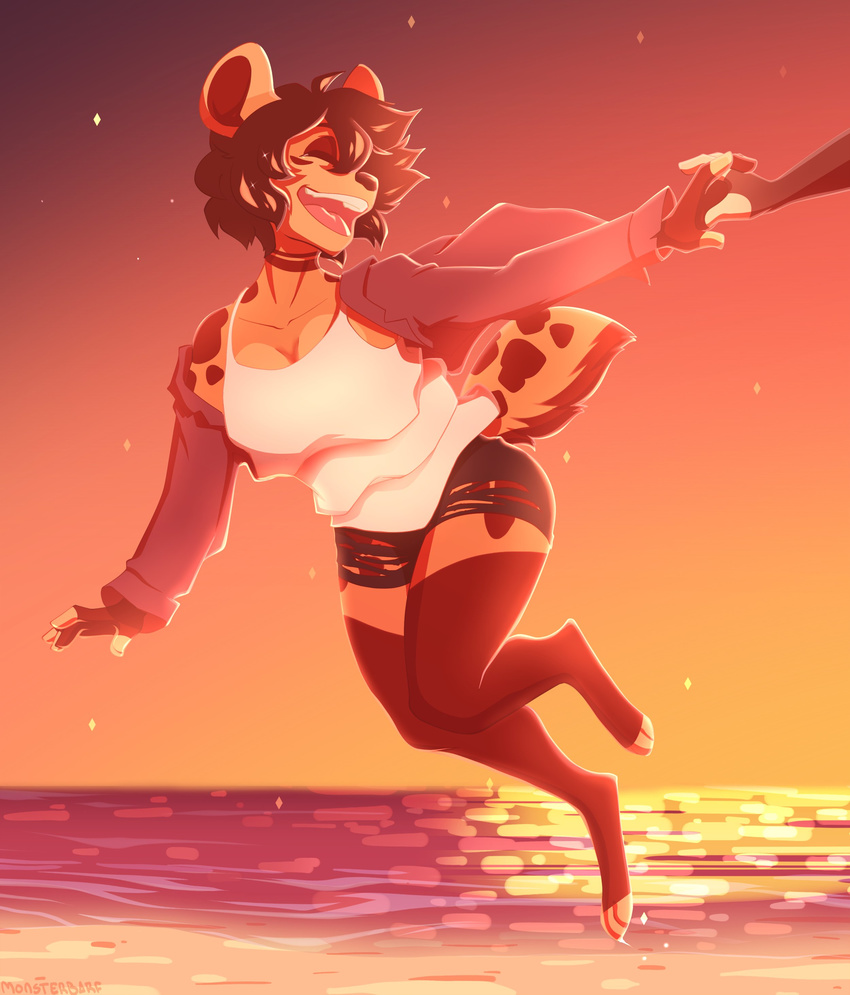 ambiguous_gender anthro beach clothed clothing duo female female/ambiguous hyena mammal open_mouth outside puccaruu seaside smile solo_focus standing sunset