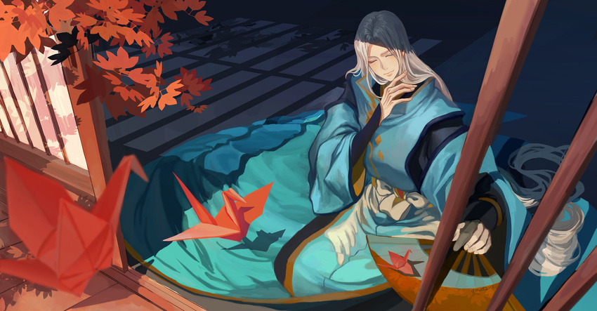 abe_no_seimei_(onmyoji) closed_eyes dmsleep facing_viewer fan from_outside highres japanese_clothes kariginu leaf long_hair male_focus onmyoji onmyouji origami paper_crane paper_fan screen seiza shadow sitting solo very_long_hair white_hair