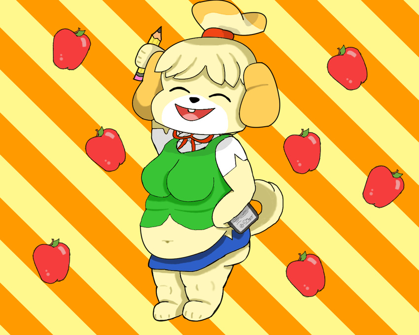 animal_crossing animated anthro belly breasts canine clothing dog eyes_closed female fur game_(disambiguation) grumar isabelle_(animal_crossing) mammal midriff navel nintendo overweight simple_background slightly_chubby smile video_games weight_gain