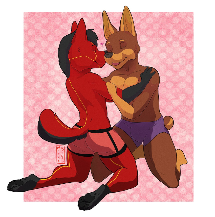 &lt;3 anthro briefs bulge canine clothing duo kneeling male male/male mammal mochashep nuzzling smile tongue tongue_out underwear