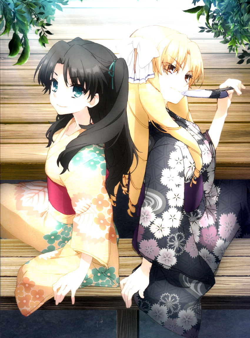 2girls black_hair blonde_hair blue_eyes brown_eyes drill_hair fate/kaleid_liner_prisma_illya fate_(series) kimono long_hair luviagelita_edelfelt multiple_girls tohsaka_rin twintails