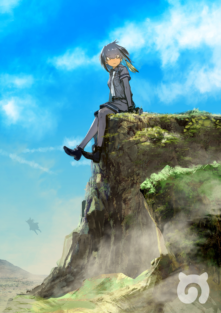 &gt;:( ankle_boots bangs black_gloves blue_sky bodystocking boots cloud cloudy_sky commentary day eyebrows_visible_through_hair eyelashes fingerless_gloves fog from_side frown gloves grey_hair grey_shirt head_wings highres japanese_crested_ibis_(kemono_friends) japari_symbol kemono_friends looking_at_viewer low_ponytail moss mountain multicolored_hair multiple_girls necktie outdoors outstretched_arms pantyhose pocket ponytail scenery shirt shoebill_(kemono_friends) shoelaces short_hair short_hair_with_long_locks short_sleeves shorts side_ponytail sidelocks silhouette sitting sky takeyuki15 tsurime v-shaped_eyebrows wide_shot wings yellow_eyes