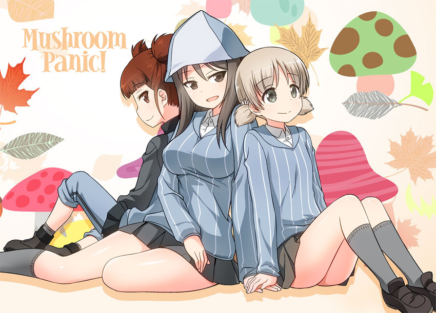 aki_(girls_und_panzer) ankle_boots back-to-back bangs blue_footwear blue_hat blue_jacket blue_pants blue_shirt blue_skirt boots brown_eyes brown_hair closed_mouth commentary_request cover cover_page doujin_cover dress_shirt english food_print full_body girl_sandwich girls_und_panzer green_eyes grey_legwear grey_skirt hair_tie hand_on_another's_hand hat jacket keizoku_military_uniform keizoku_school_uniform leaf_print light_brown_hair light_smile loafers long_hair long_sleeves looking_at_viewer looking_back looking_to_the_side mika_(girls_und_panzer) mikko_(girls_und_panzer) military military_uniform miniskirt multiple_girls mushroom_print pants pants_rolled_up pants_under_skirt parted_lips pleated_skirt raglan_sleeves red_eyes red_hair sandwiched school_uniform shirt shoes short_hair short_twintails sitting skirt socks striped striped_shirt track_jacket track_pants twintails umekichi uniform vertical-striped_shirt vertical_stripes white_shirt yokozuwari
