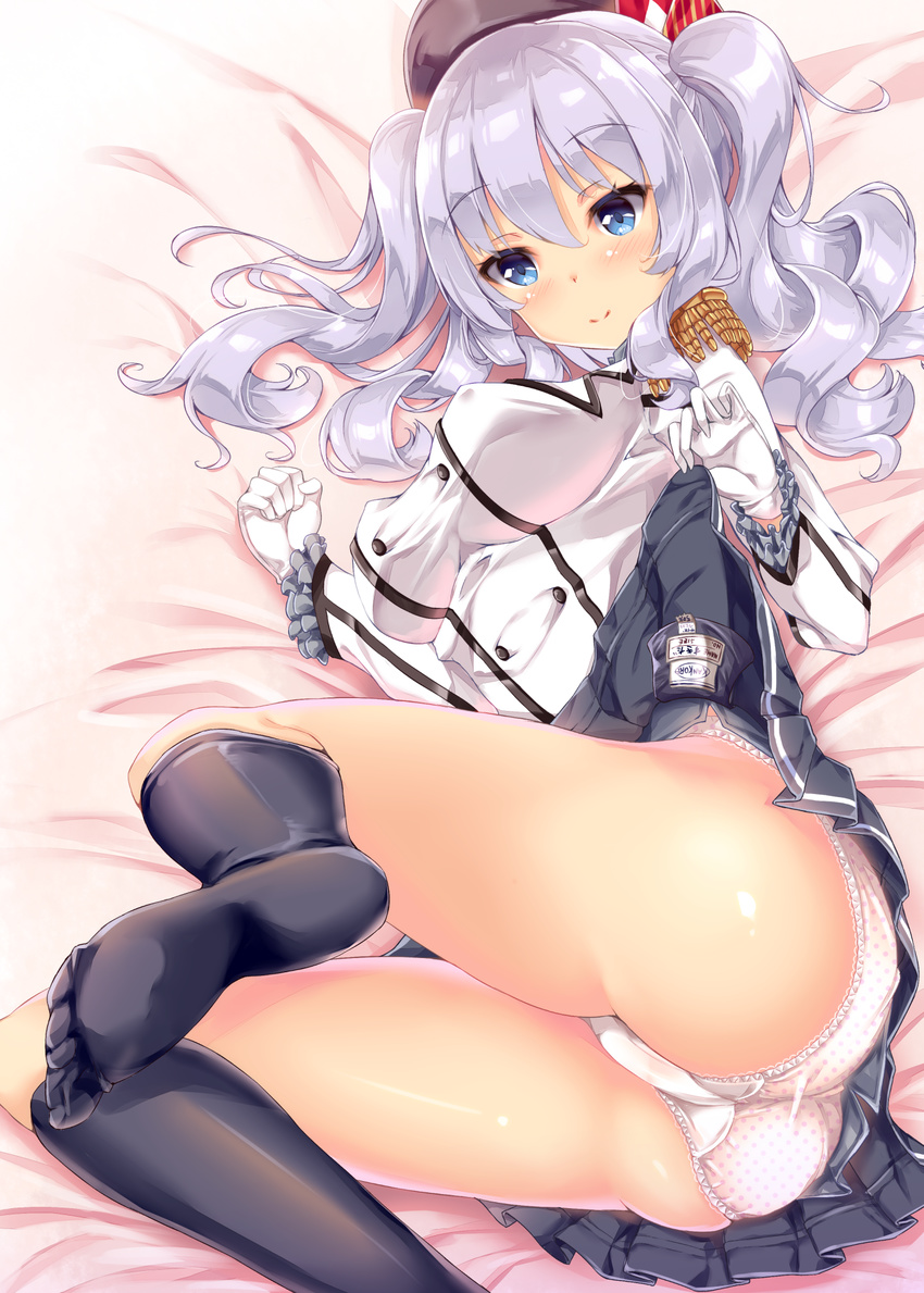 ass bad_anatomy bad_perspective bed_sheet beret black_hat black_legwear black_skirt blue_eyes breasts cameltoe closed_mouth covered_nipples double-breasted epaulettes eyebrows_visible_through_hair feet frilled_sleeves frills fukuda_shuushi gloves hat highres kantai_collection kashima_(kantai_collection) kneehighs large_breasts lifted_by_self long_sleeves lying medium_breasts miniskirt on_side panties pleated_skirt polka_dot polka_dot_panties shiny shiny_skin silver_hair skirt skirt_lift smile soles tareme thighs twintails underwear upskirt wavy_hair white_coat white_gloves