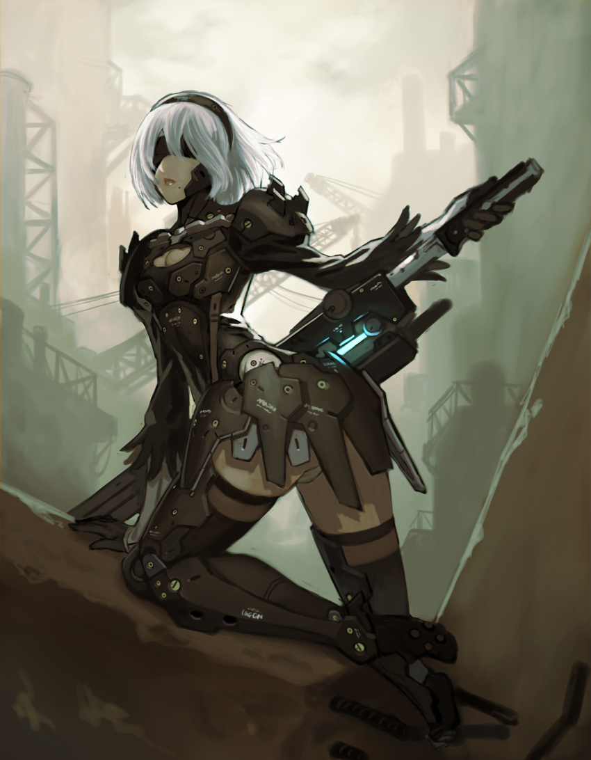 absurdres blindfold breasts cleavage company_connection cosplay hairband highres large_breasts metal_gear_(series) metal_gear_rising:_revengeance mole mole_under_mouth nier_(series) nier_automata parted_lips raiden raiden_(cosplay) solo sword weapon white_hair yorha_no._2_type_b yoshimura_ken'ichirou