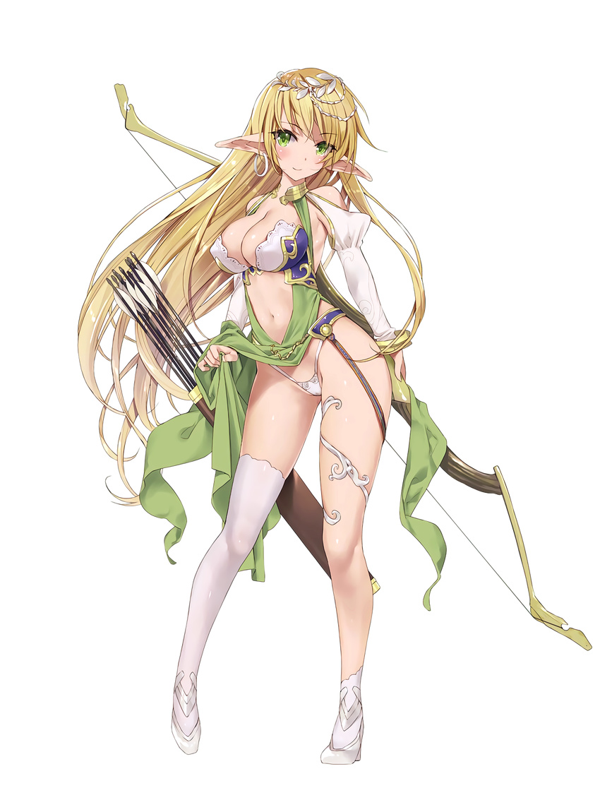 armor arrow ass_visible_through_thighs bikini_armor blonde_hair blush bow_(weapon) bracelet breasts cleavage contrapposto detached_sleeves dress dress_lift earrings elf eyebrows_visible_through_hair eyes_visible_through_hair full_body green_eyes hair_ornament head_tilt high_heels highleg highleg_panties highres hoop_earrings jewelry lace_trim large_breasts long_hair navel non-web_source original panties pelvic_curtain pointy_ears quiver side_slit single_earring single_thighhigh smile solo standing string_panties thighhighs thighlet transparent_background tsurusaki_takahiro underwear very_long_hair weapon white_legwear white_panties