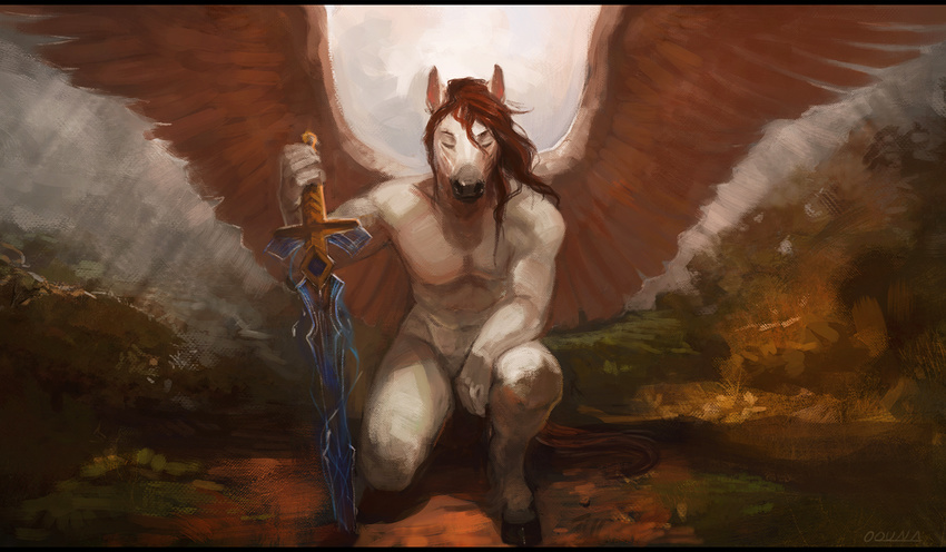 2016 anthro armpits brown_hair convenient_censorship digital_media_(artwork) digital_painting_(artwork) equine eyes_closed feathered_wings feathers front_view full-length_portrait fur hair heavensteed holding_object holding_weapon hooves letterbox long_hair male mammal melee_weapon nude on_one_knee oouna pegasus portrait signature solo sword tasteful_nudity weapon white_feathers white_fur wings