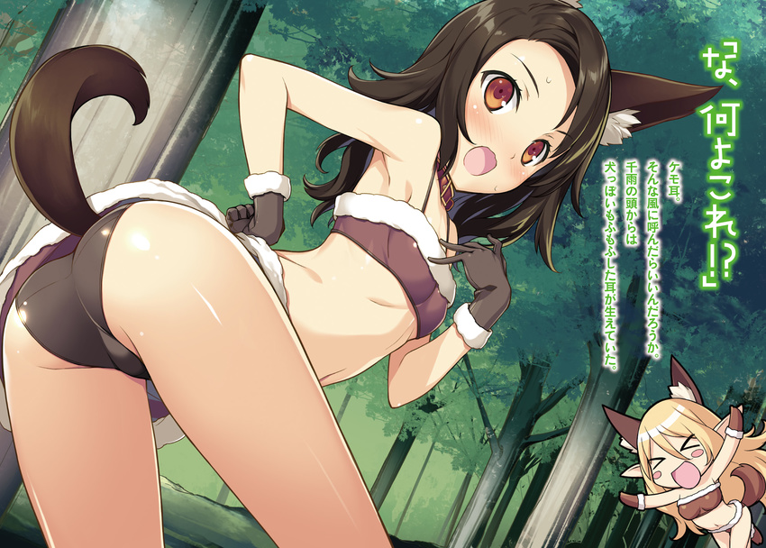 &gt;_&lt; :o animal_ears armpits arms_up ass bare_shoulders bent_over black_skirt blonde_hair blush blush_stickers breasts brown_gloves brown_hair buckle chizakura_chisame closed_eyes collar dutch_angle embarrassed forest fox_ears fox_tail fur_trim gloves haine_tauzent highres kikuchi_seiji leg_up long_hair looking_at_viewer looking_back medium_breasts miniskirt multiple_girls nature navel novel_illustration open_mouth plant red_eyes running scan shiny shiny_skin short_hair sidelocks skirt small_breasts solo_focus spaghetti_strap standing stomach sweat tail tareme thighs translation_request tree twisted_torso upskirt very_long_hair wood yome_elf