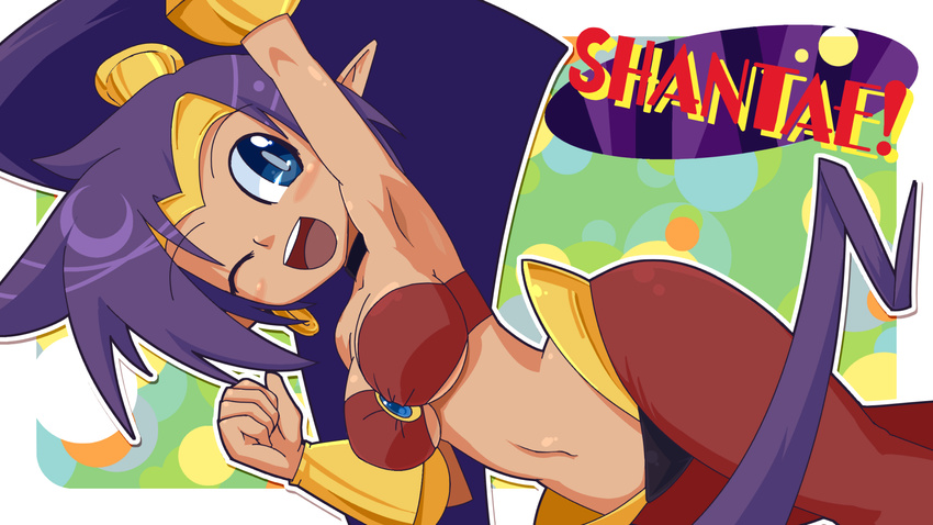 1girl ;d arm_up armpits bare_shoulders blue_eyes blush blush_stickers breasts dark_skin forehead_protector harem_pants highres hips liczka long_hair medium_breasts navel o-ring o-ring_top one_eye_closed open_mouth pants pointy_ears ponytail purple_hair shantae:_half-genie_hero shantae_(character) shantae_(series) simple_background smile solo teeth underboob vambraces very_long_hair white_background