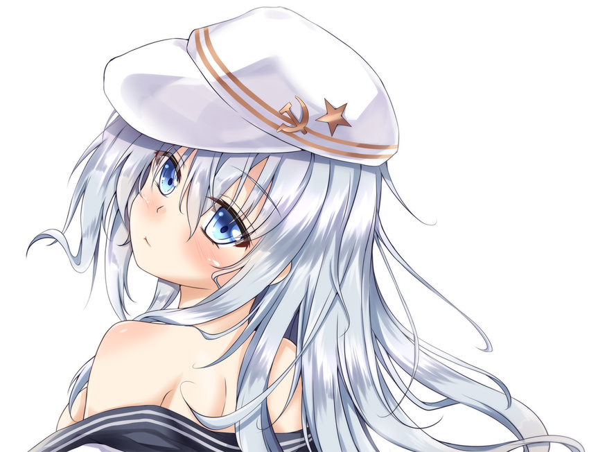 bare_shoulders blush body_blush breasts closed_mouth flat_cap folko from_behind hair_between_eyes hammer_and_sickle hat hibiki_(kantai_collection) kantai_collection long_hair looking_at_viewer looking_back off_shoulder shiny shiny_hair shoulder_blades sideboob simple_background small_breasts solo star tareme undressing upper_body verniy_(kantai_collection) white_background white_hat